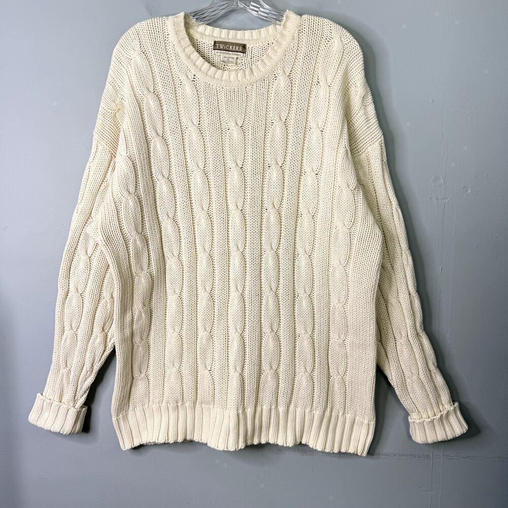 Vtg Twickers by Kenneth Gordon Cotton Ecru Cable Knit Fisherman Sweater Men's XL